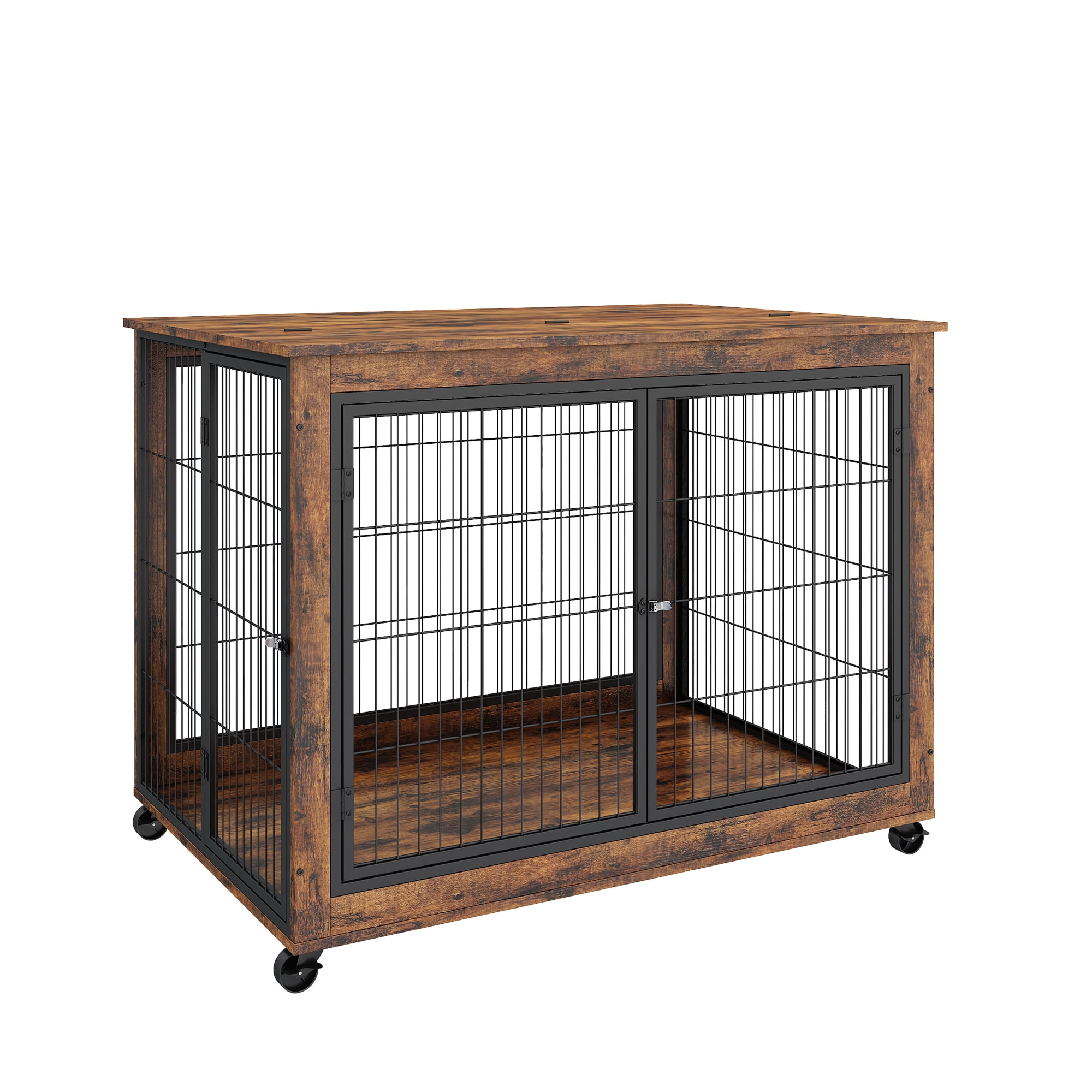 Syngar Dog Crate on Wheels, Wooden Dog Cage with Lockable Double Doors and Lift Top, Modern Home 2-in-1 Dog House End Table Furniture, Dog House for Small/Medium Sized Dogs, Rustic Brown, 43.7"L