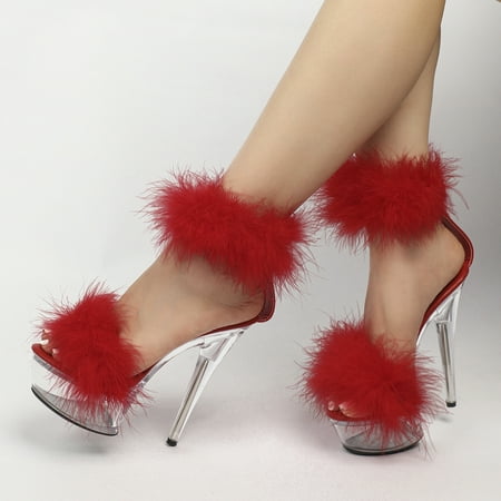 

Women‘s Furry Stiletto Sandals Platform Open Toe Solid Color High Heels Women‘s Fashion Trend Fuzzy Pumps