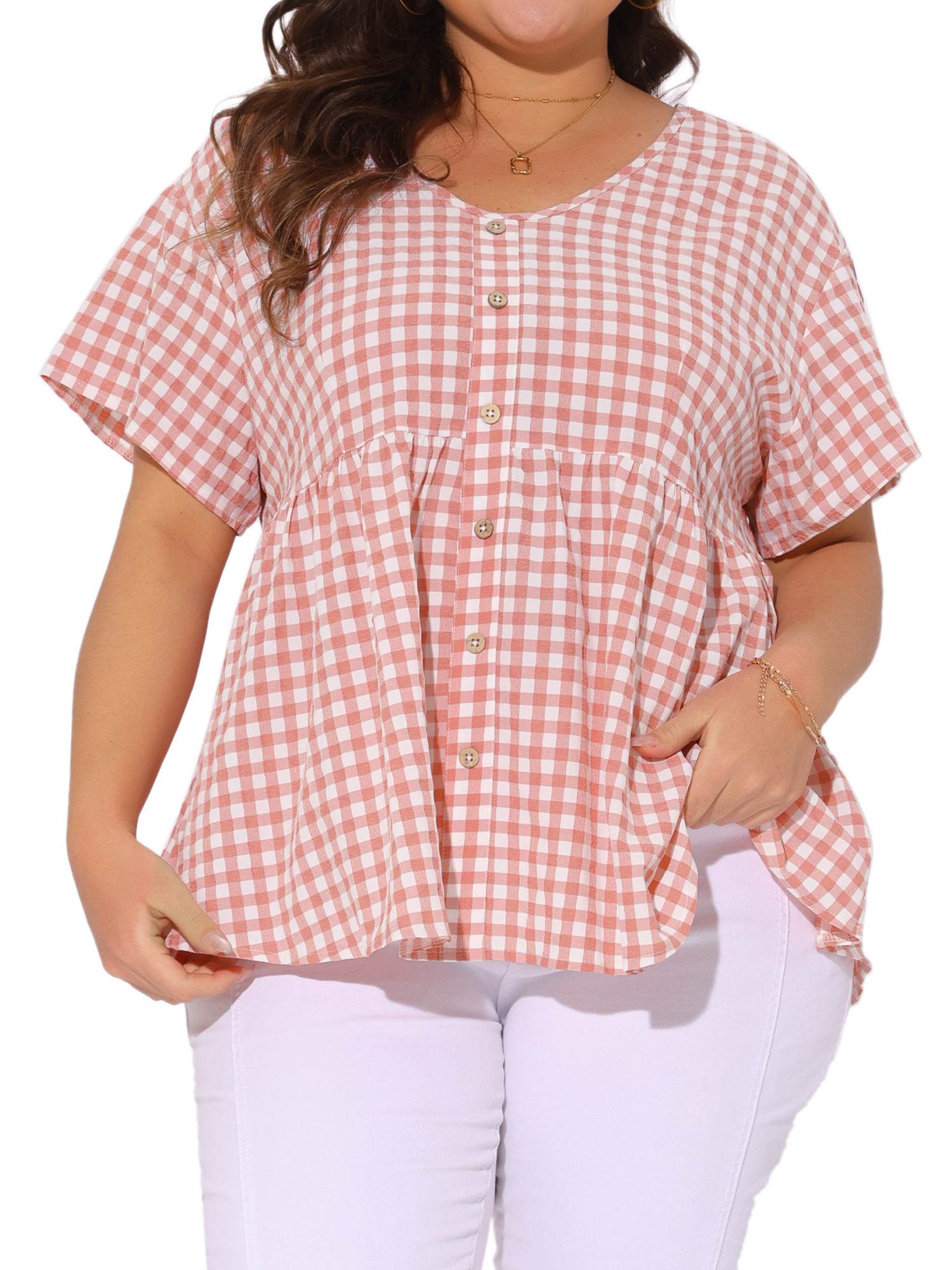 Women's Plus Gingham Tops Plaid Short Sleeve V Neck Summer Babydoll Top 2X Pink