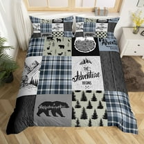 Retro Cabin Rustic Bedding Set For Bedroom, Farmhouse Lodge Bear Duvet Cover Twin, Deer Mountain Country Camper Comforter Cover Hunting Wild Animal Bed Cover Merry Christmas Decor, Blue Gray Black