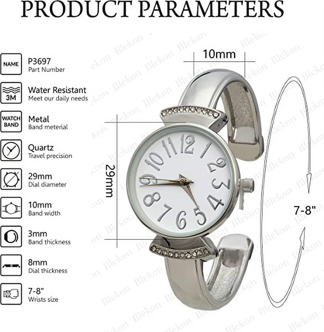 Blekon Collections Womens 29mm Case Large Numbers Narrow Cuff Bangle Watch