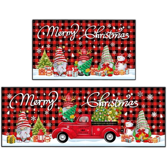 2 Pcs Christmas Gnome Kitchen Rugs Set, Truck Christmas Tree Home Decor Non-Slip Floor Mats, Absorbent Washable Microfiber Runner Carpet 17x47 17x30 Inches
