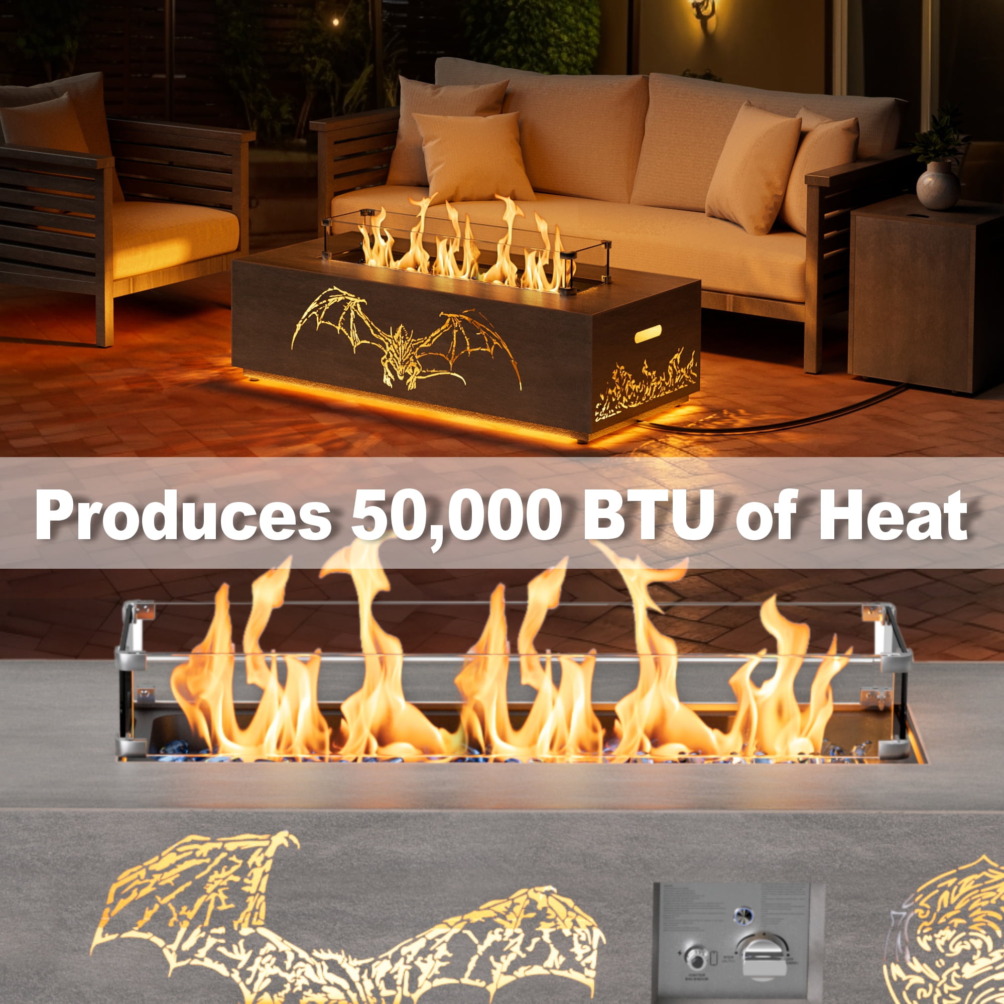 Evita 42" Fire Pits for Outside 50,000 BTU Propane Fire Pit for Outside Patio, Outdoor Fire Pit Table with Golden LED Lights
