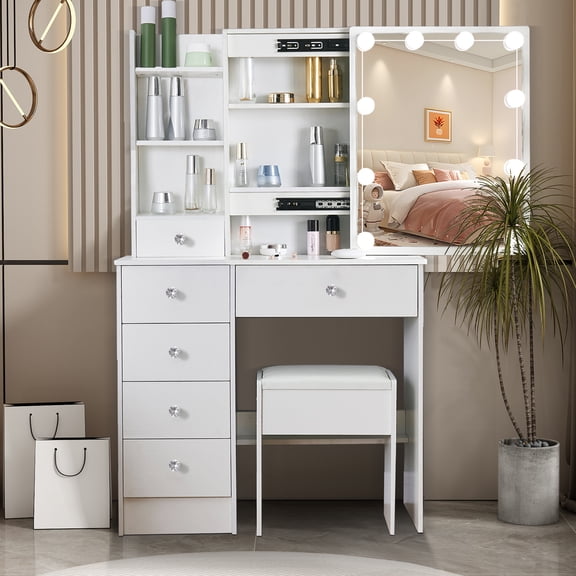 Caulitar Vanity Set with Lighted Mirror, 10 LED Bulbs, Makeup Dressing Table with Stool and Drawers and Shelves, White