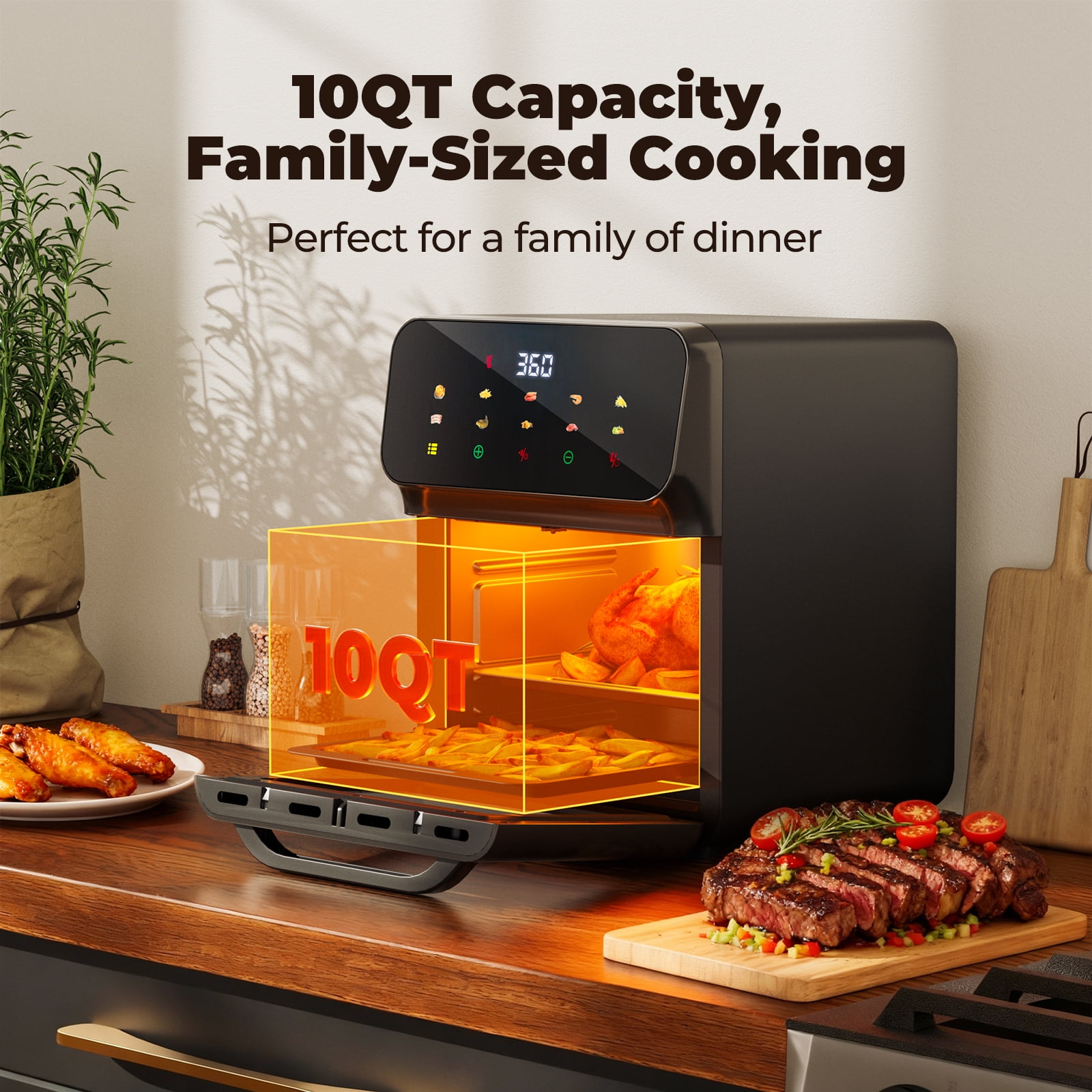 10QT Air Fryer, Toaster Oven with 10 Preset Cooking Mode, Bake, Roast, Reheat, Broiler, Dehydrate, LED Digital Color Display and Visible Window