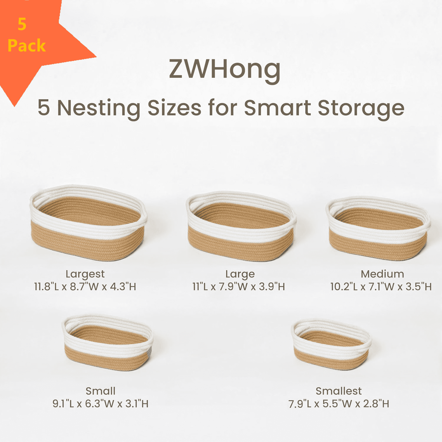 ZWHong 5-Piece Small Woven Basket Set, Natural Cotton Rope Storage Bins with Handles, Organizing Baskets for Bathroom, Nursery, Shelves, Gifts,  (Khaki)
