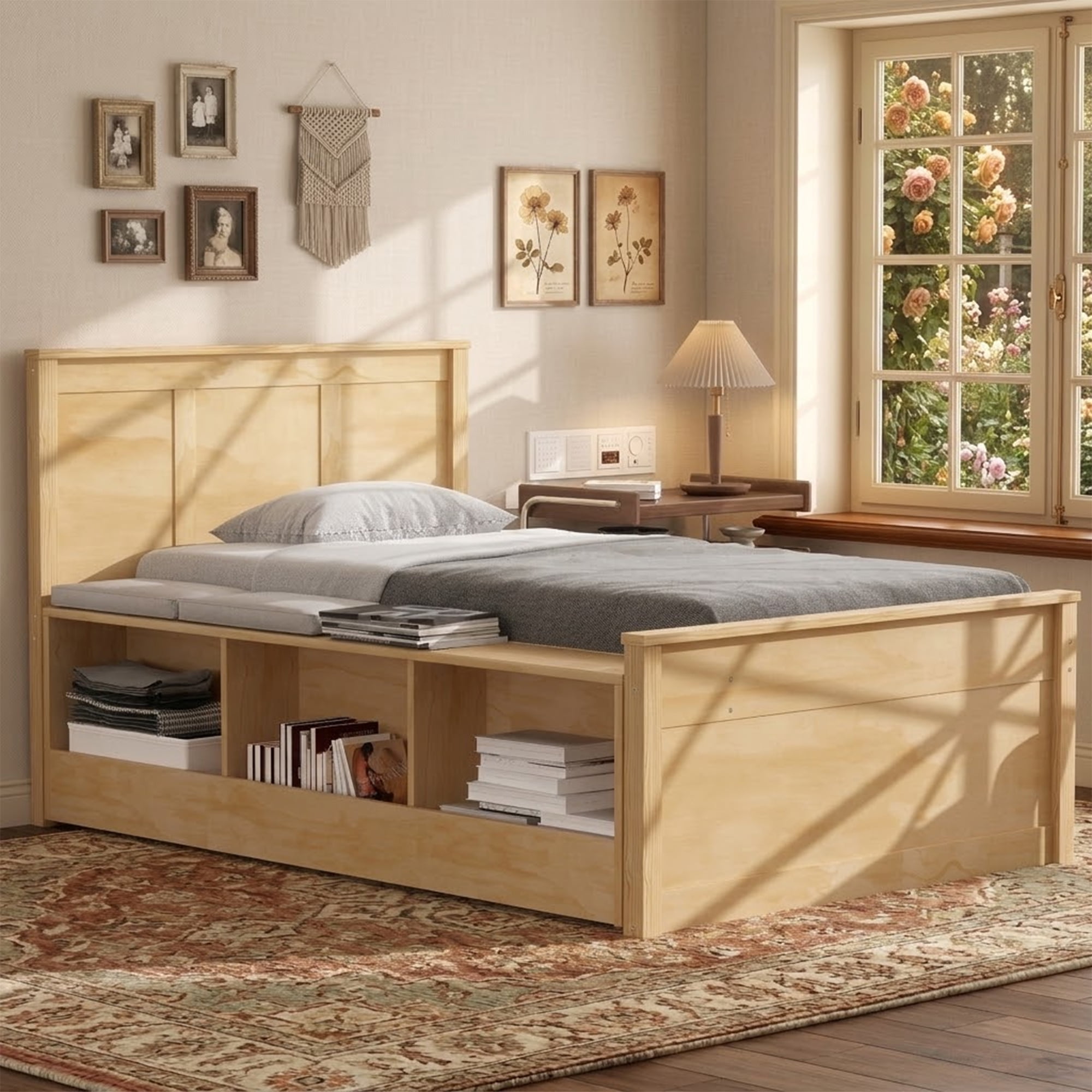 Alvantor Full Bed Frames with Pull Out Trundle, Headboard and Storage Shelves, Natural
