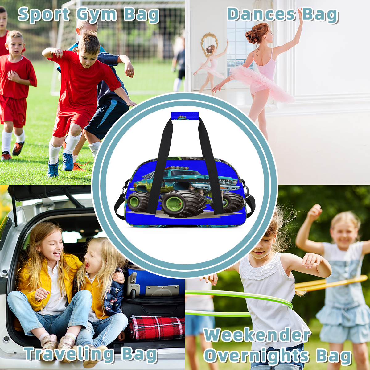 Herdesigns Sports Duffle Bags Travel Duffle Bag Gym Bag Cartoon Cool Monster Truck Weekender Travel Bag Waterproof Overnight Bag Carry On Travel Tote Bag Dance Bags