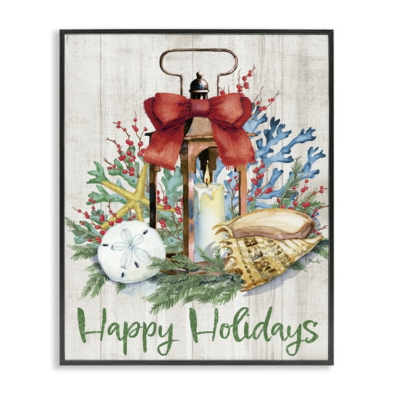Stupell Industries Happy Holidays Nautical Lantern Holiday Painting Black Framed Art Print Wall Art, 11 x 14