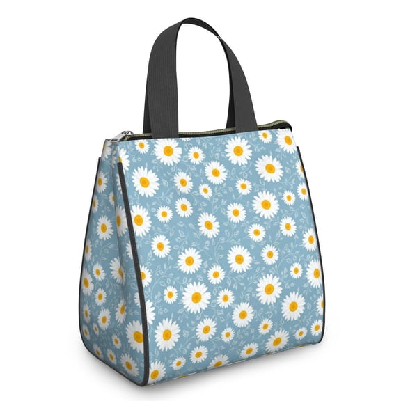 Daisy Pioneer Flower Blue Pattern Insulated Lunch Bag for Women Men, Large Portable Soft Cooler Tote, Thermal Food Storage Bag with Pearl Cotton, 8.66L, 8.75"x5.75"x9.5"