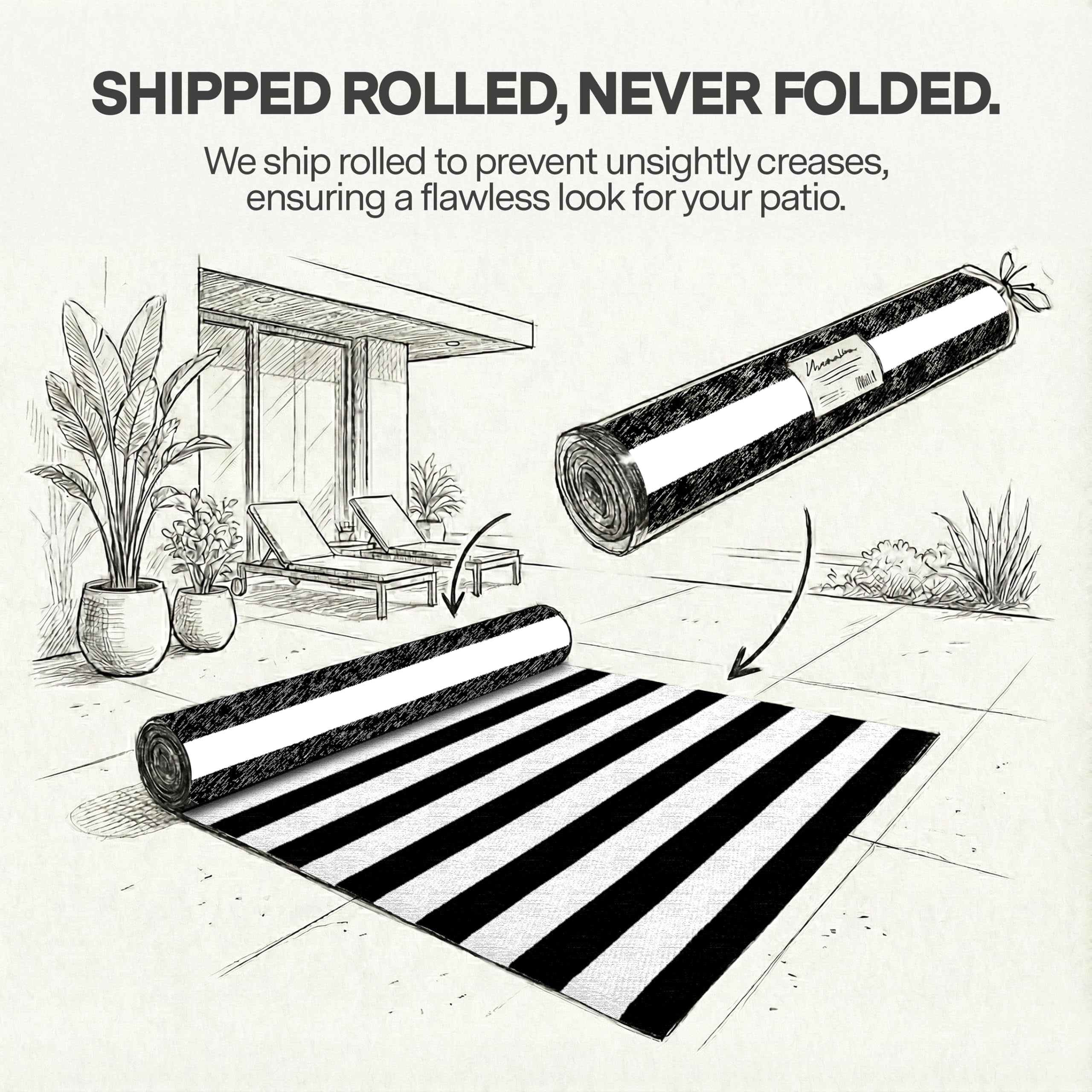 FH Home Outdoor Rug - Waterproof, Fade Resistant, Reversible - Premium Recycled Plastic - Striped - Porch, Deck, Balcony, Mudroom, Laundry Room, Patio - Brittany Stripe - Black & White - 3 x 5 ft
