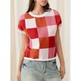 thumbnail image 6 of Michellecmm Women's Knitted Tops Ribbed Checkered Round Neck Short Sleeve Contrast Color Casual Crop T-Shirt, 6 of 9