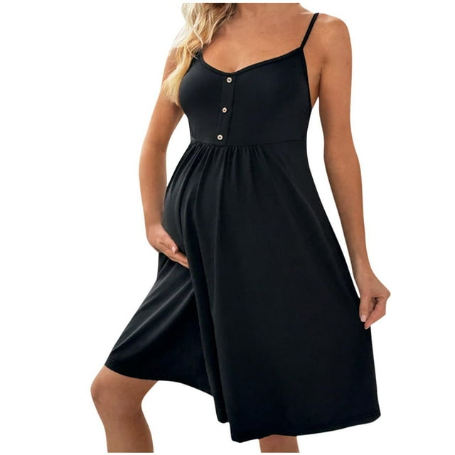 Tranfacy Robe de Maternité à Manches Courtes pour Femme, Robe Camisole de Maternité, Robe de Maternité Dos Nu à Col en V Boutonnée devant, Bretelles Ajustables, Robe d'Été Moulante de Grossesse
