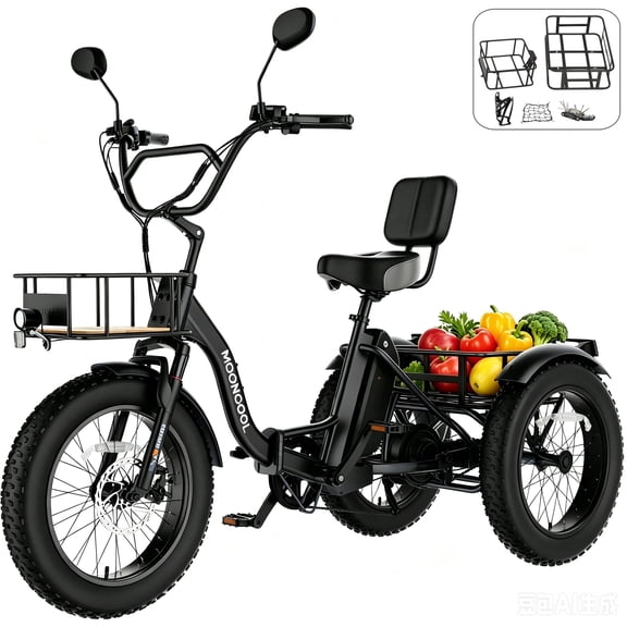 MOONCOOL All-Terrain Folding Electric Tricycle for Adults, 1100w Motor 48V 14.5Ah Battery,7-Speed 20" x 4.0" Fat Tire 3 Wheel Electric Bike , 25-60 miles