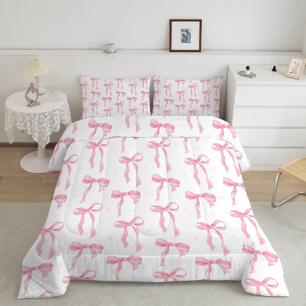 JJCOITR Pink Bow Comforter Set Queen Size for Girls Kids Romantic Princess Style Bowknot Bedding Set Heart Comforter Sets with 2 Pillowcases 3Pcs
