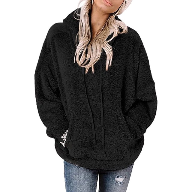 Sudadera de felpa para mujer, capucha con cordón, ajuste holgado, sudadera con capucha para mujer con bolsillo frontal para el trabajo, deportes diarios, negro S