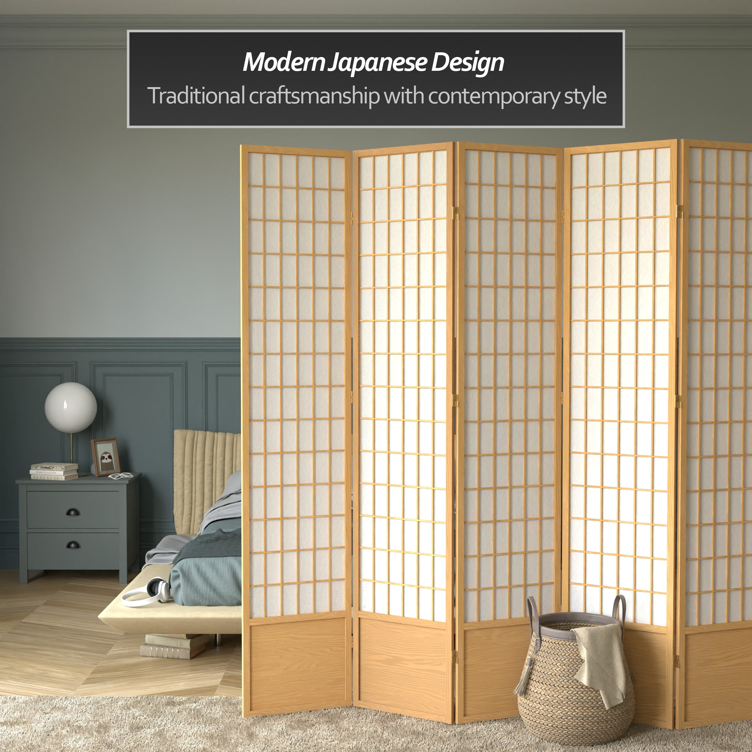 Red Lantern 7 ft. Tall Window Pane Shoji Screen - Natural - 5 Panels