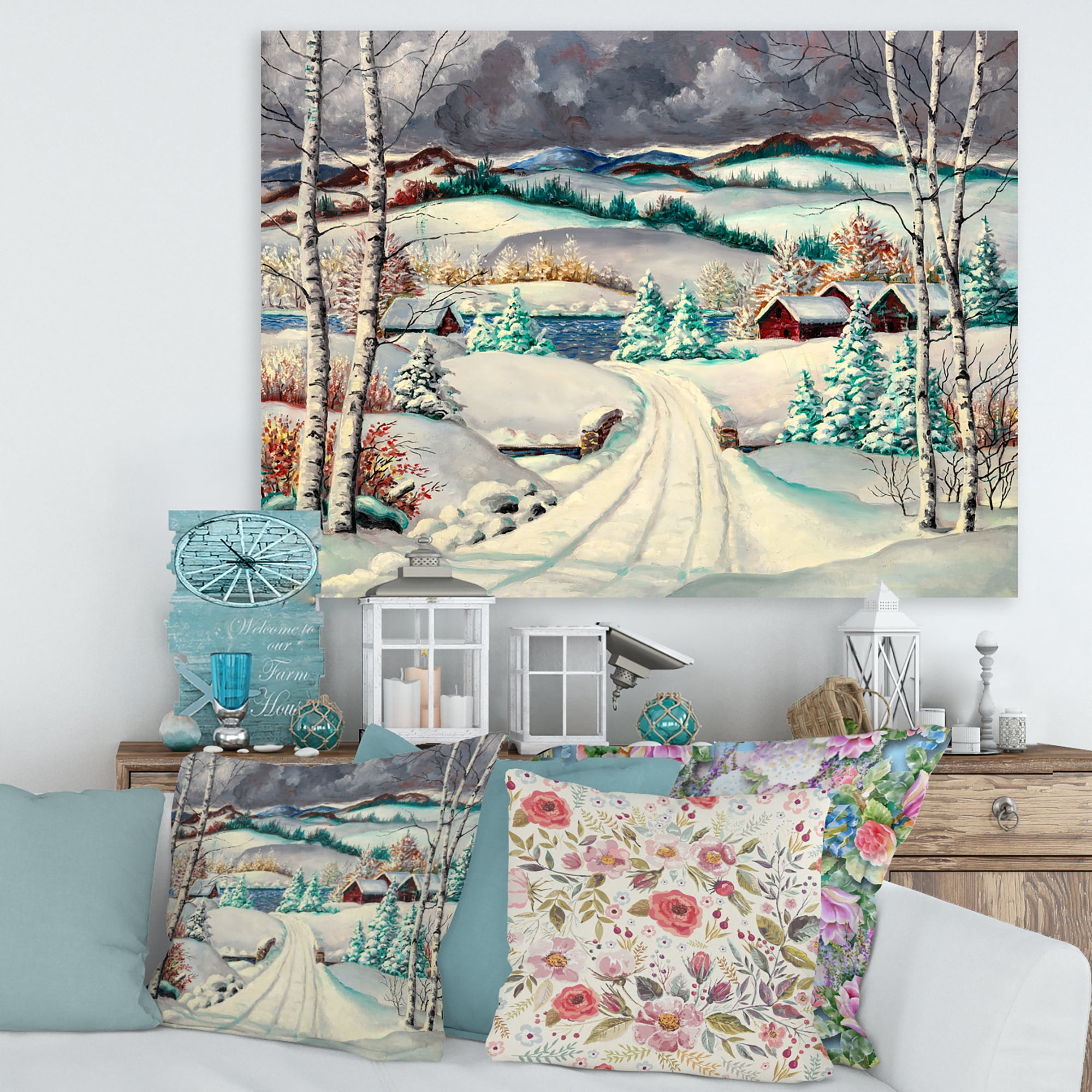 Designart ' Snowy Road In Countryside Winter Landscape ' Traditional Canvas Wall Art Print