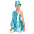 thumbnail image 3 of iixpin Girls Disco Bodysuit Set, 3-Piece Dance Outfit with Fringed Skirt & Sequined Hat Blue 16, 3 of 7