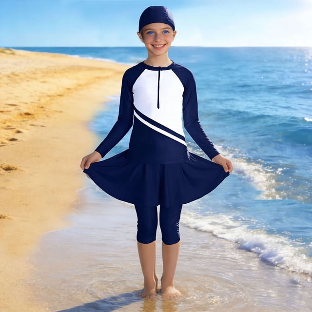 Odeerbi 2-13 Años Niñas Color Bloque 3 Piezas de Manga Larga Rash Guard Set Upf 50 + Traje de Baño Seco Rápido + Baño Capris Con Falda + Gorra de Baño