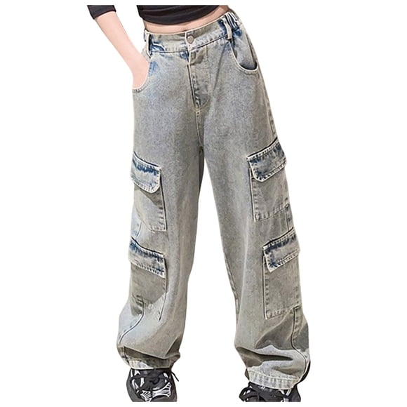 Fsqjgq Baggy Cargo Pants Girls Jeans Wide Leg Denim Trousers High Elastic Waisted Jean Pant with Pockets Girl Clothes
