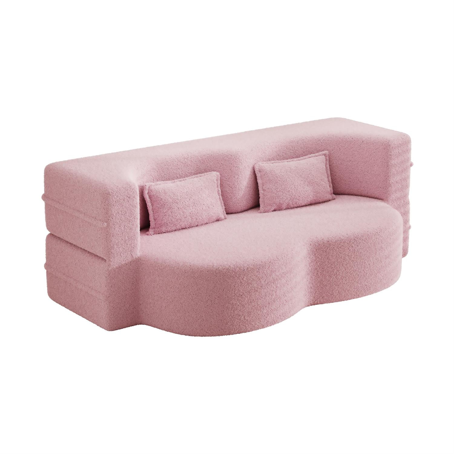 Demi Bonn Modern Convertible Floor Sofa Bed with 2 Pillows, Full Size 15" Folding Mattress, Teddy Fabric Foam-Filled for Living Room, No Assembly Needed, Pink
