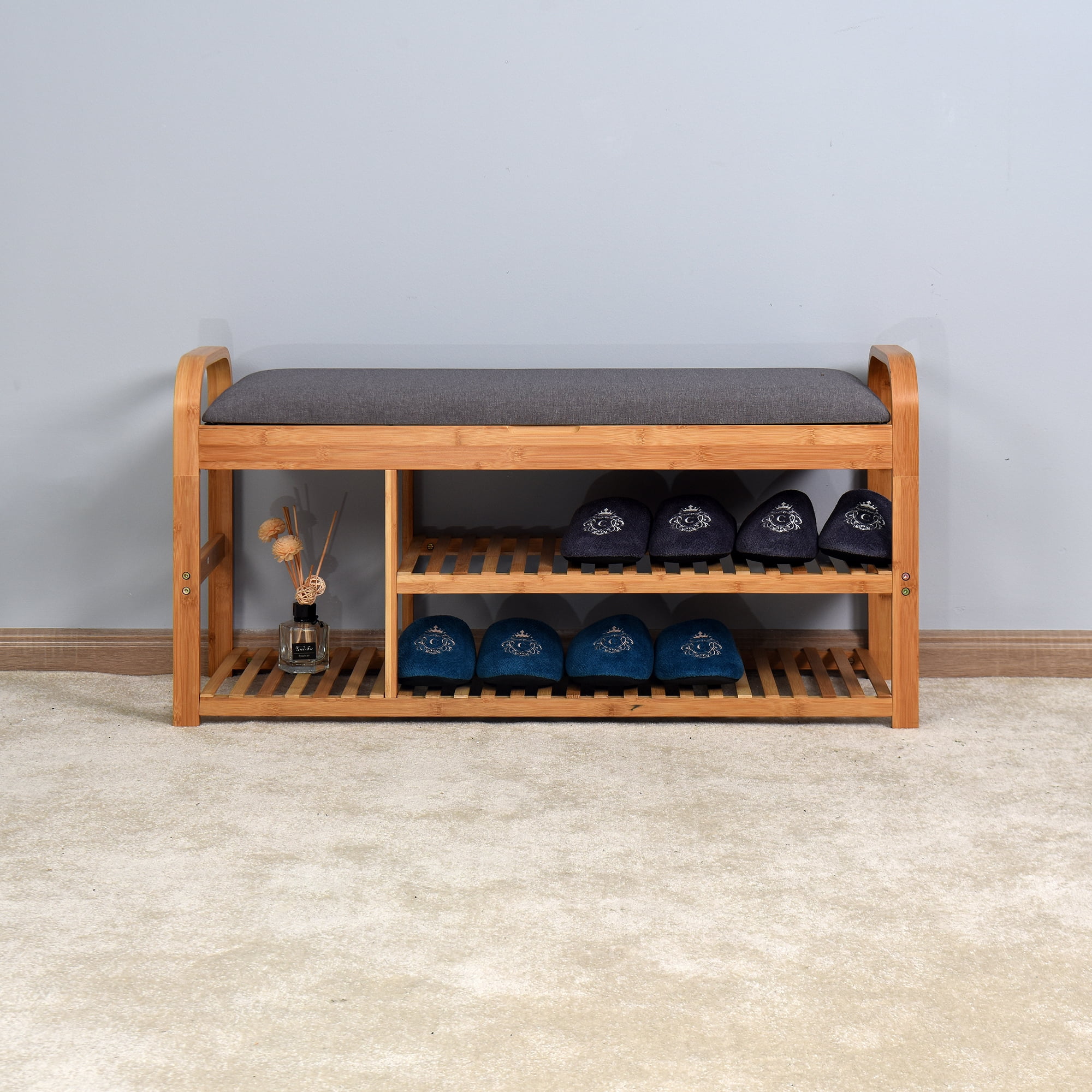 Living Room Bamboo Storage Bench， Entryway 3 Shelves Bench with flip
