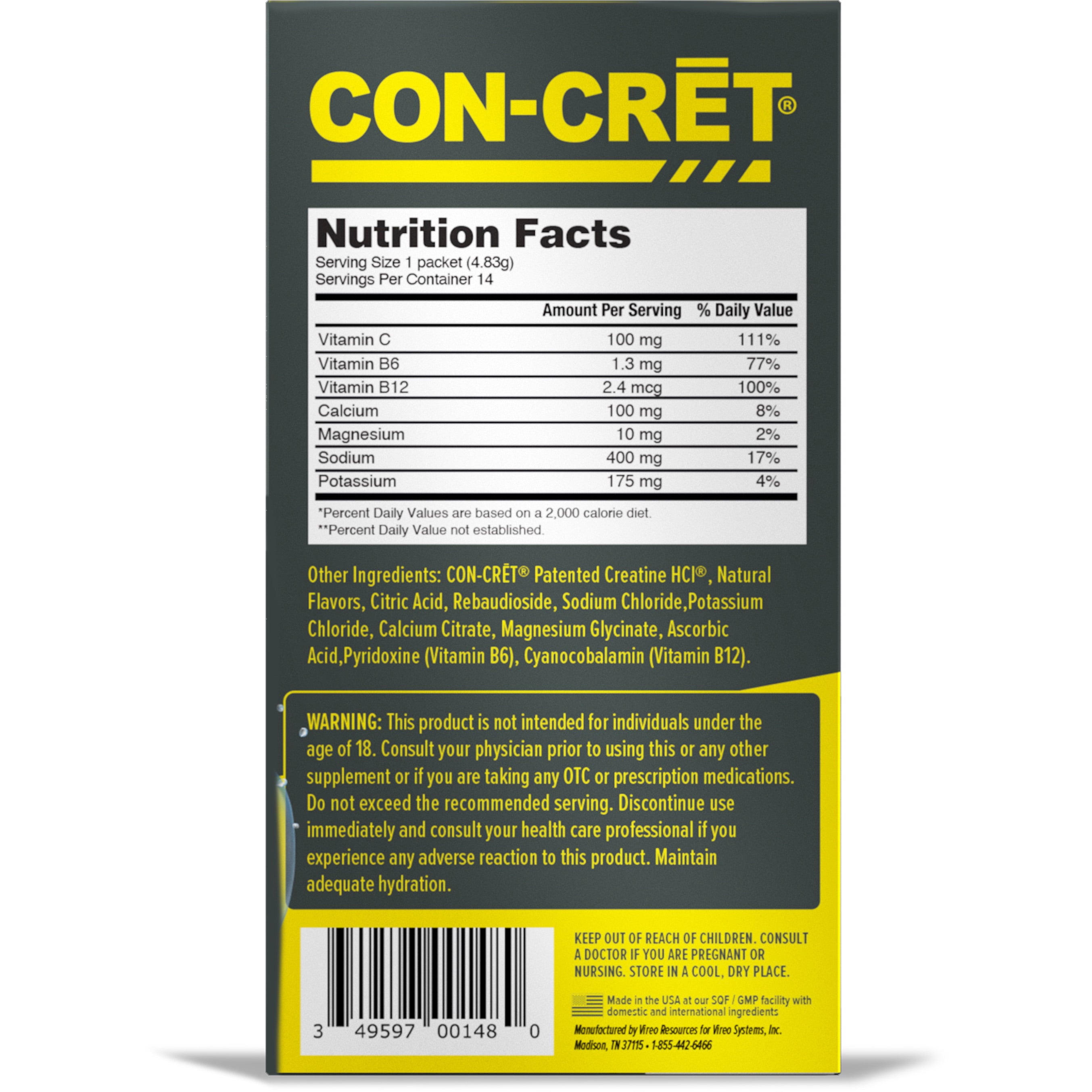 CON-CRET + Clean Hydration, Full Electrolyte Profile, Creatine HCl, Citrus Mango, 14 Count