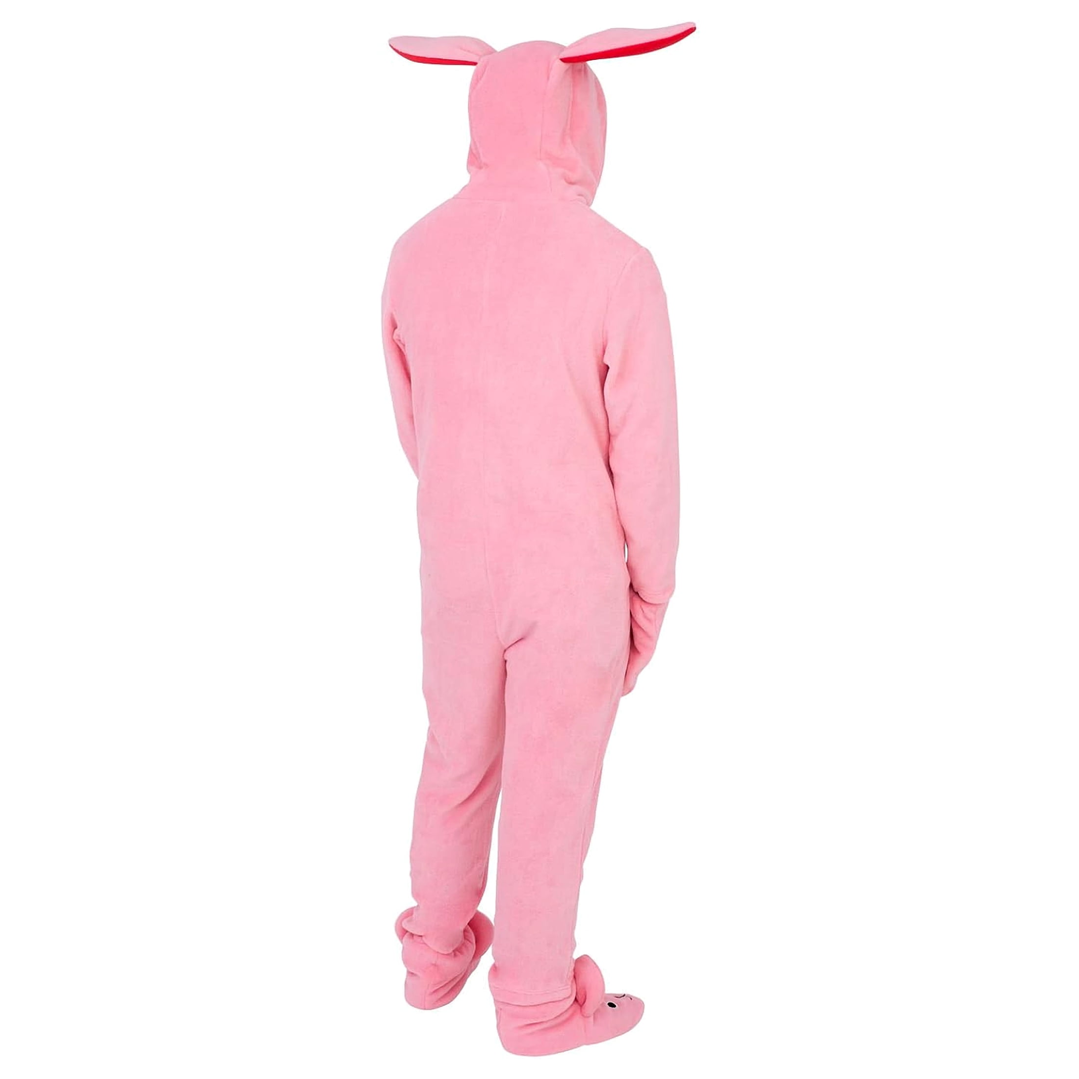 Cute Girl In Bunny Pajama Costume Happy Kid In Pink Rabbit Suit With Hearts And Ears Stock