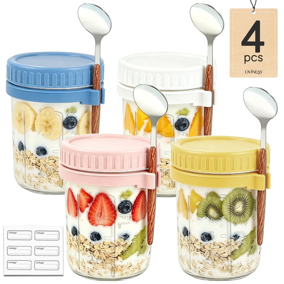 OVINESY 16oz Overnight Oats Containers with Lids 4-Pack, Glass Food Storage Containers with Spoons, Leakproof Small Mason Jars, Freezer/Microwave/Dishwasher Safe for Meal Prep & Lunch, Yogurt Jars
