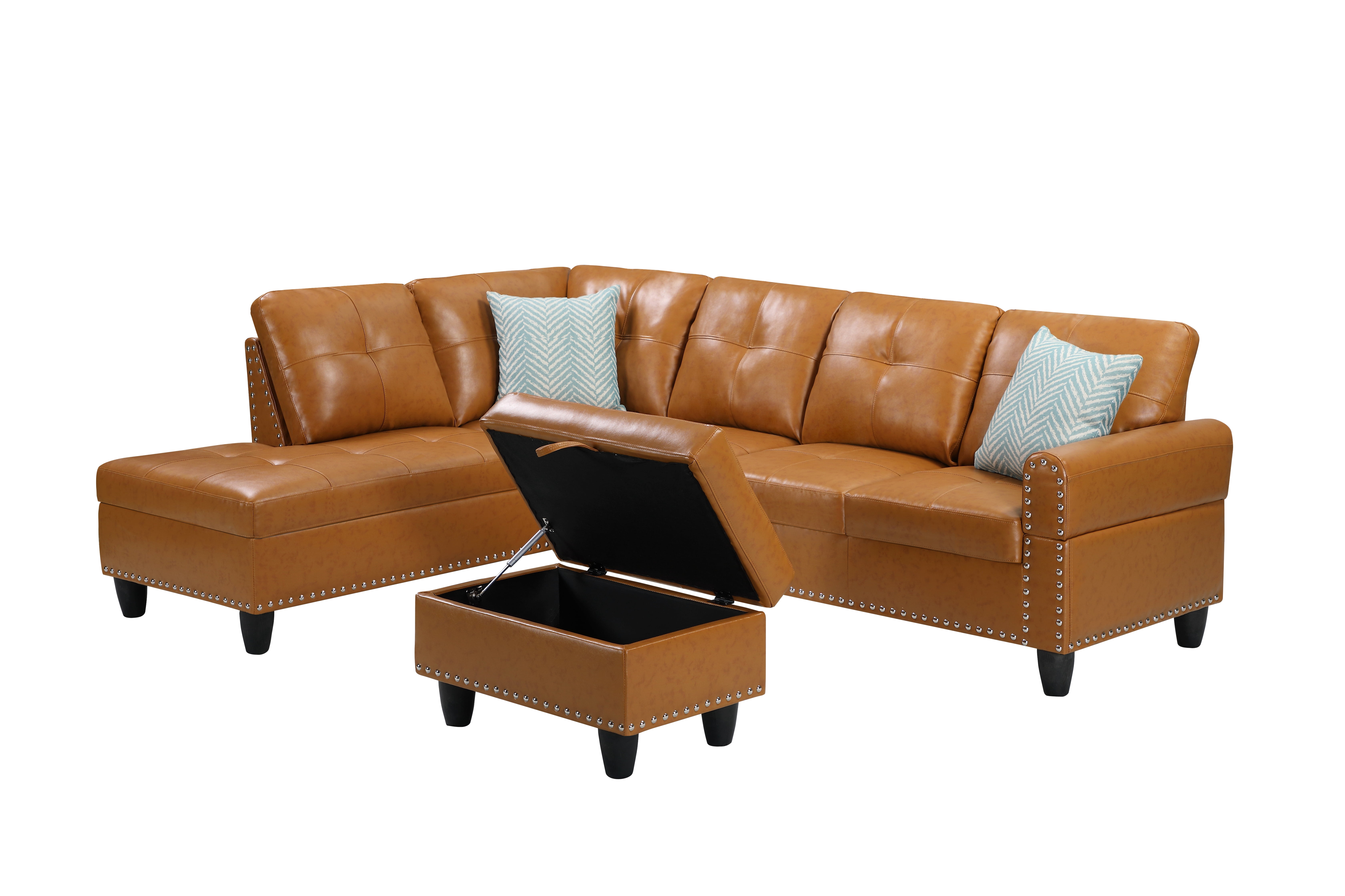 Gewnee 3-Piece L-Shaped Sectional Sofa with Chaise, Storage Ottoman, Cup Holders, 4-Seat, Faux Leather,Black