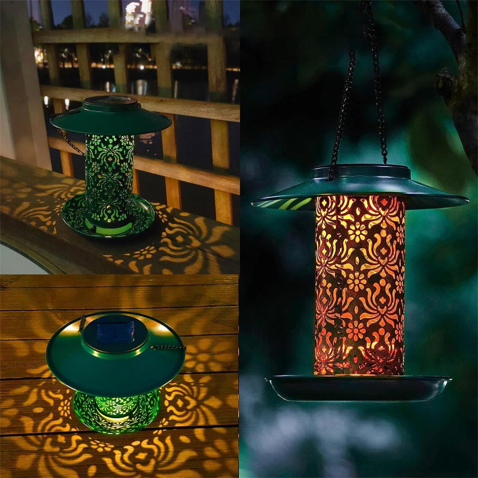 ERTZAE Solar-Powered Metal Hanging Bird Feeder,Vintage Vine Pattern Night Light Projection Outdoor Bird Feeder,Waterproof Metal Garden Bird Feeder,Automatic Decorative Bird Feeder Gift