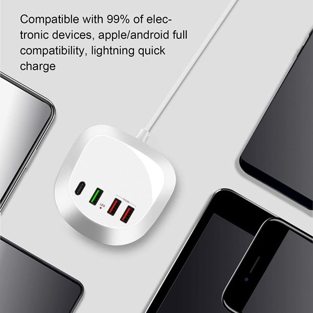 Estación de carga USB, Estación de carga USB de escritorio de 4 puertos, con cable de carga, 9*3,1*8,6 cm Blanco