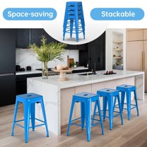 Stackable Bar Stools Set of 4, 24 Inch Metal Counter Height Stools for Indoor Outdoor Kitchen Patio Classroom Garden, Industrial Barstools (Blue)