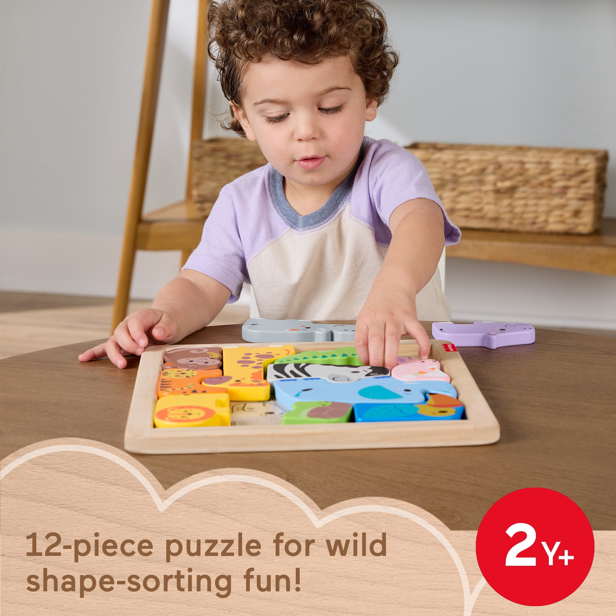 Fisher-Price Wooden Animal Puzzle, Shape-Sorting Activity for Kids, 12 Wood Blocks