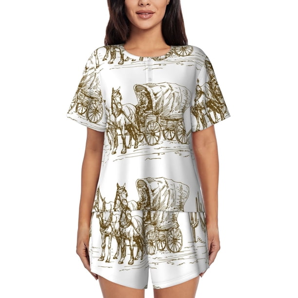 Fotbe Western Scenery With Old Wagon Conjunto de Pijama Estampado para Mujer, 2 Piezas, Ropa de Dormir con Camiseta de Manga Corta y Shorts Suaves-Large