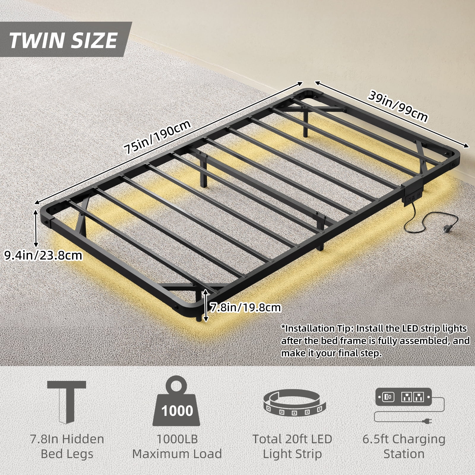Fairy Twin Bed Frame with Charging Station, LED Lights, Heavy-Duty Metal Platform, Black