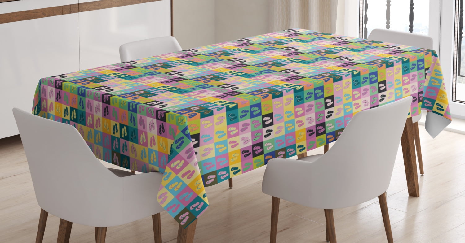 Flip Flop Tablecloth, Colorful Multi Formed Image a Pair of Slippers