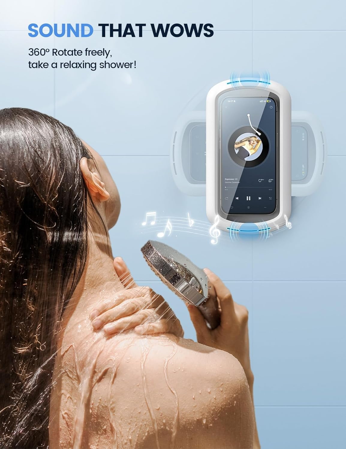 Shower Phone Holder with Speaker Holes, IPX6 Waterproof Clear Sound & 480° Rotation Shower Case Accessories, Waterproof Bathroom Wall Mount for iPhone 17 16 Pro Max Air, S25 Ultra, 4-7" Phone