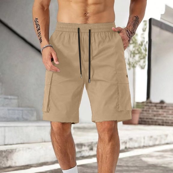 VV AVEORS Men'S Casual Dressy Cargo Shorts Lightweight Elastic Drawstring Waist Stretch Hiking Short With Patch & Side Pockets Khaki 3XL
