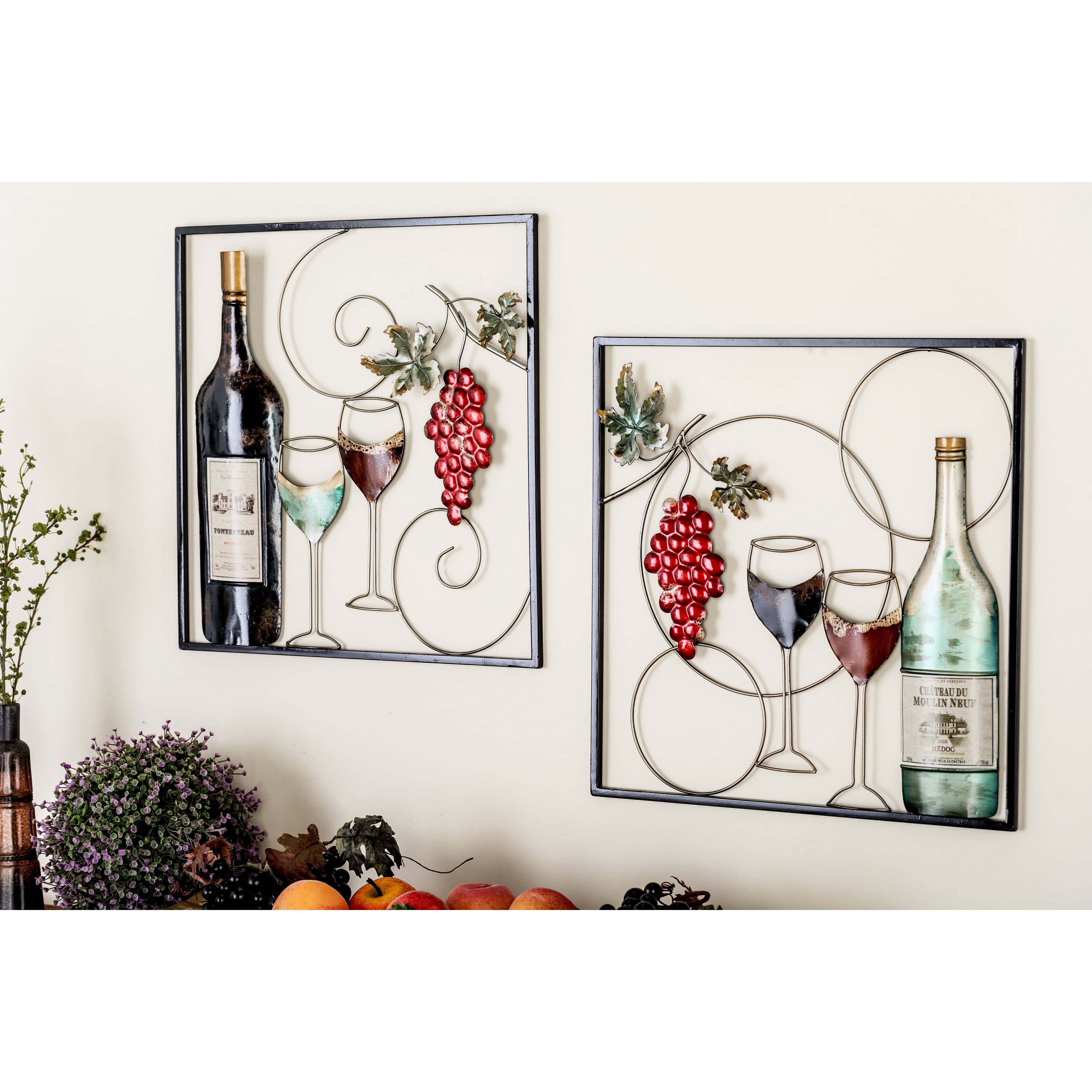 DecMode Multi Colored Metal Wine Wall Decor with Grapes Detailing (2