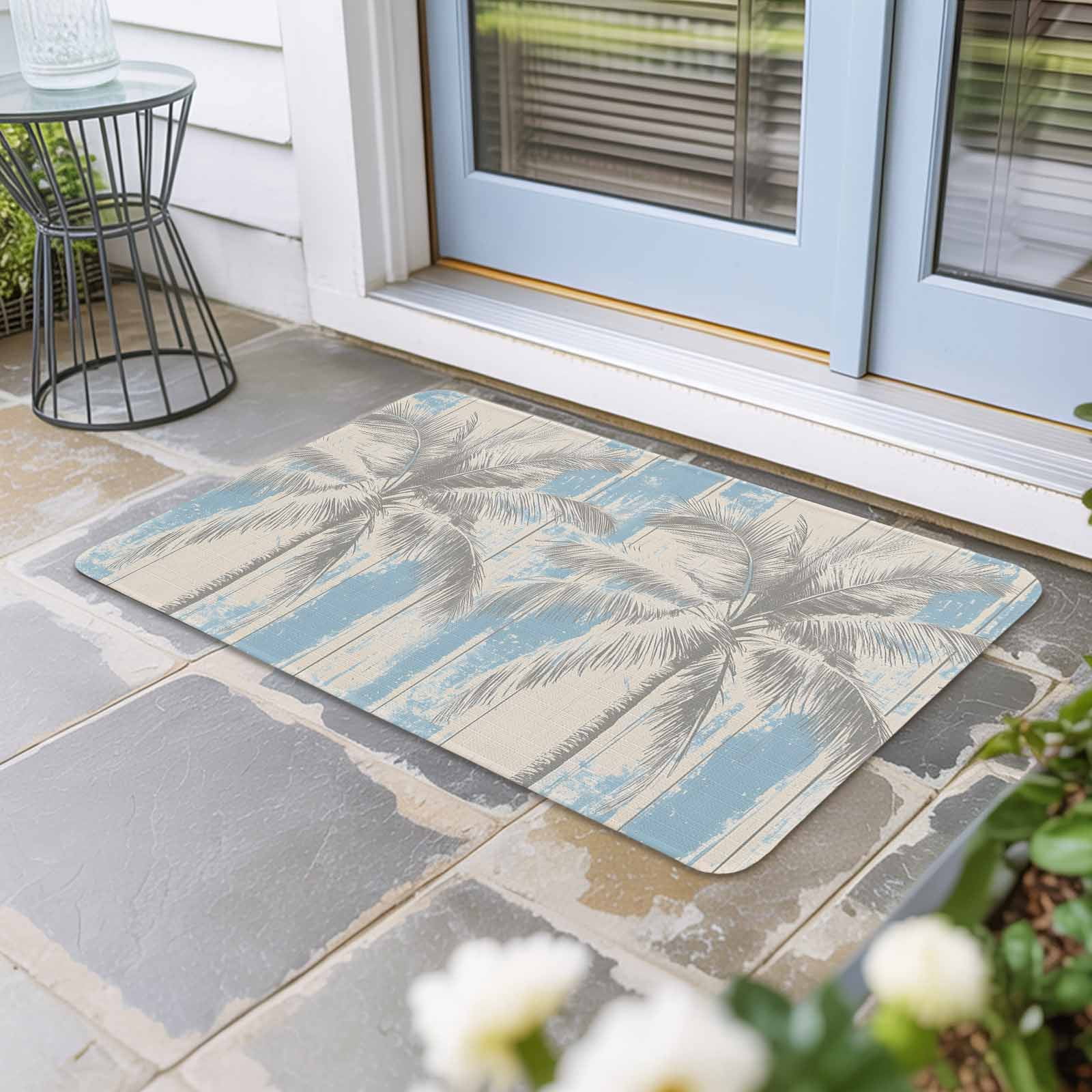 Palm Tree Doormat Outdoor Entrance 18"x30", Blue Tropical Plant Summer Retro Wood Plank Absorb Moisture Dirt Door Mats, Non-Slip Rubber Backing Floor Mats Indoor, Low-Profile Front Door Rugs
