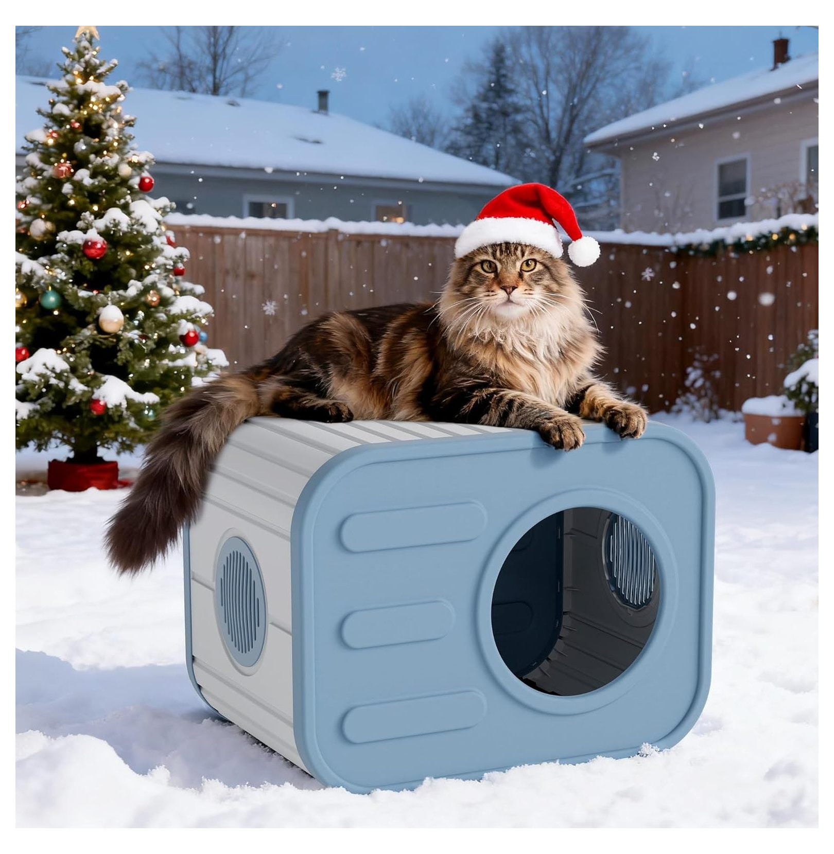 Weatherproof Cat House Outdoor Indoor, Plastic Cat Shelter Camera Design - Blue