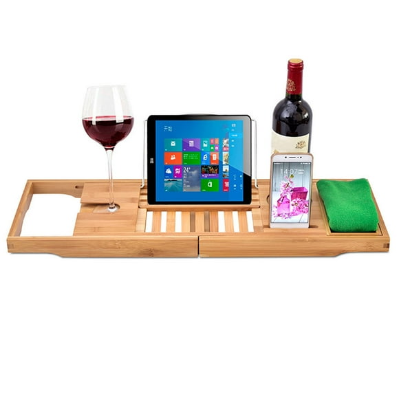 Expandable Bamboo Bathtub Tray Wood Bath Tray with Book and Wine Holder