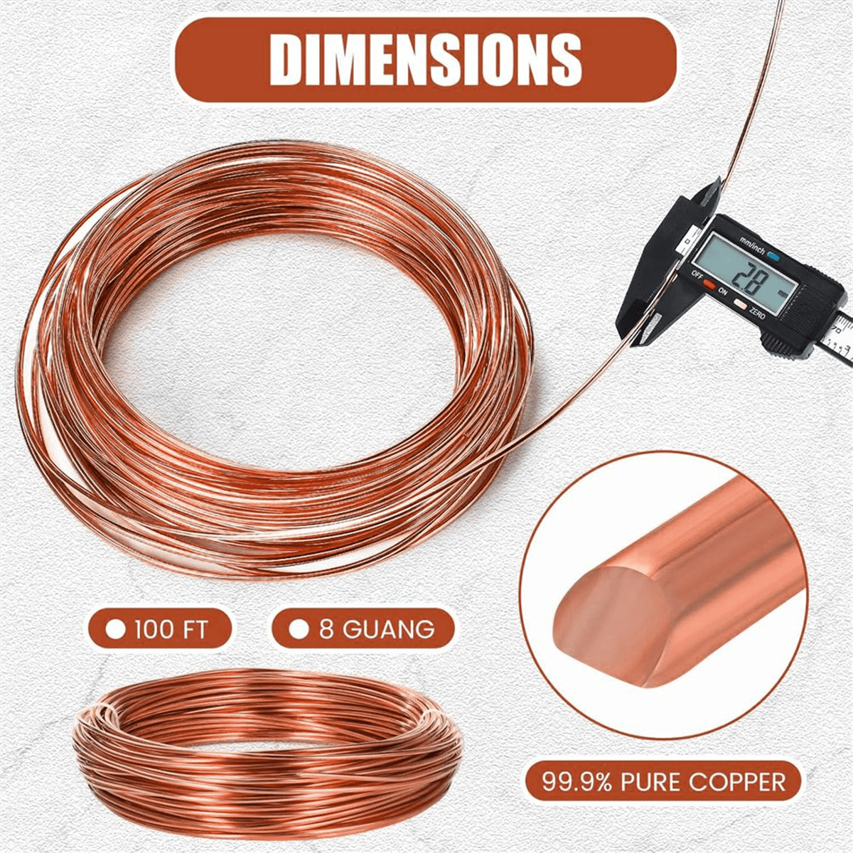 8 Gauge 100 Ft Pure Bare Copper Wire for Jewelry Making, Crafts, and Electroculture Gardening