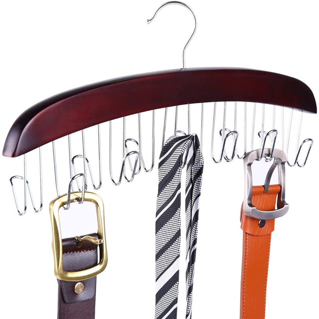 Tie Rack Belt Rack para guardarropa, organizador colgante de madera para corbatas y cinturones, ganchos de metal Adepaton LKX-1179-1