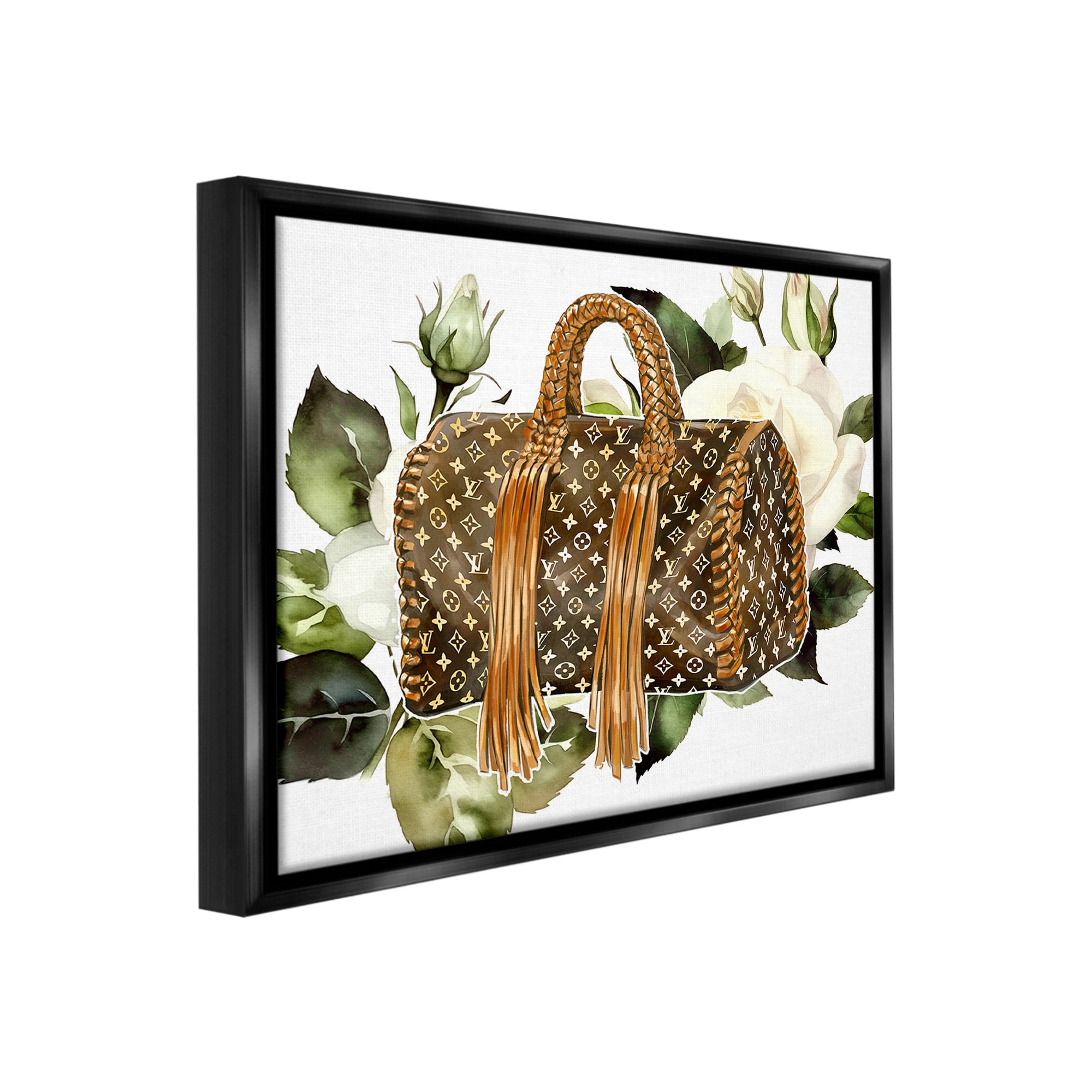 Stupell Industries Designer Purse with Roses Beauty & Fashion Painting Black Floater Framed Canvas Art Print Wall Art, 21 x 17