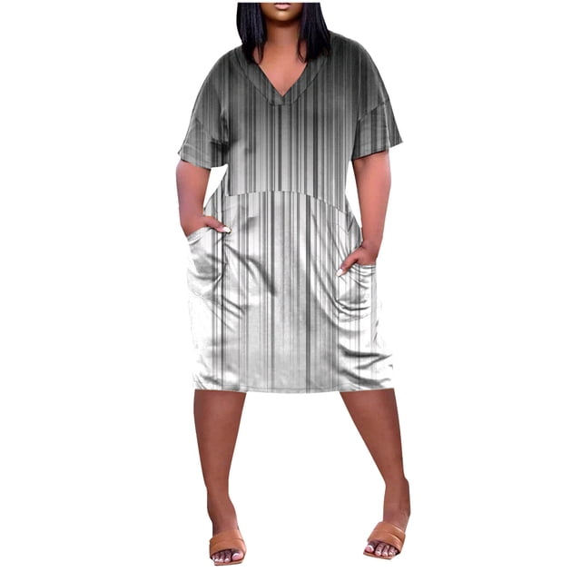 Robes pour Femmes Mode Imprimée Col en V Confortable Manches Courtes Longueur Genou avec Poches Robe Femmes Gris TTG