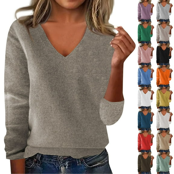 Sweaters for Women V Neck Long Sleeve Loose Knit, Business Casual Work Pullover Fall Top Yellow XL