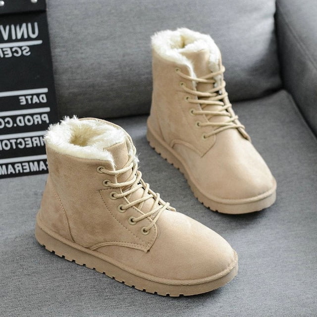 Botas cortas de mujer de invierno con punta redonda y cordones de algodón Botas de nieve planas para mujer con forro polar Botas cálidas para mujer